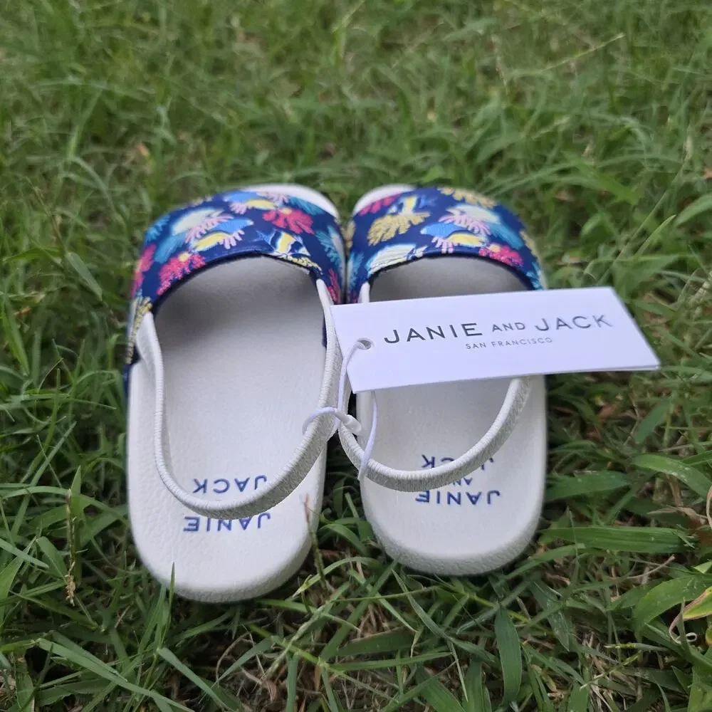 NWT Janie and Jack Fish & Coral Print Blue Pool Slide Sandals Toddler SZ 7